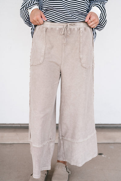 Can't Compete Mineral Wash Wide Leg Pants- Sand