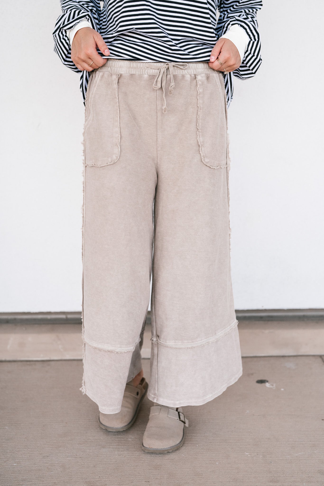 Can't Compete Mineral Wash Wide Leg Pants- Sand