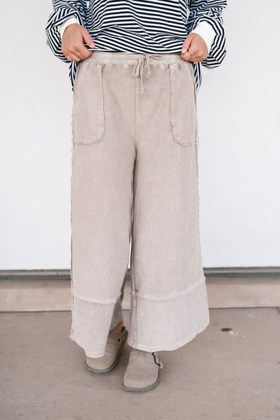 Can't Compete Mineral Wash Wide Leg Pants- Sand