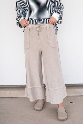 Can't Compete Mineral Wash Wide Leg Pants- Sand