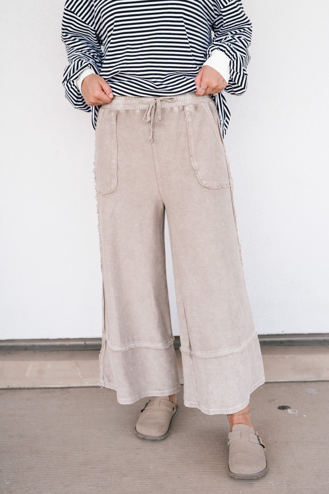 Can't Compete Mineral Wash Wide Leg Pants- Sand