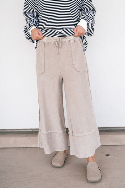 Can't Compete Mineral Wash Wide Leg Pants- Sand