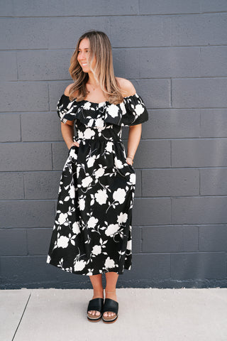 Midnight Blooms Floral Ruffled Midi Dress