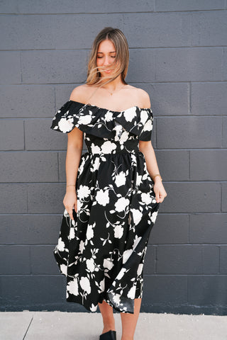 Midnight Blooms Floral Ruffled Midi Dress