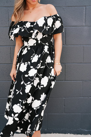 Midnight Blooms Floral Ruffled Midi Dress