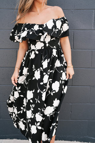 Midnight Blooms Floral Ruffled Midi Dress
