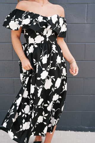 Midnight Blooms Floral Ruffled Midi Dress