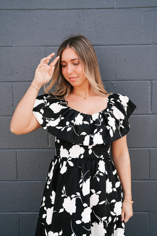 Midnight Blooms Floral Ruffled Midi Dress