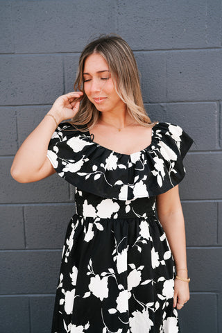 Midnight Blooms Floral Ruffled Midi Dress