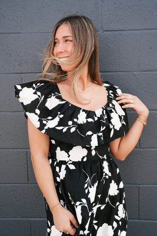 Midnight Blooms Floral Ruffled Midi Dress