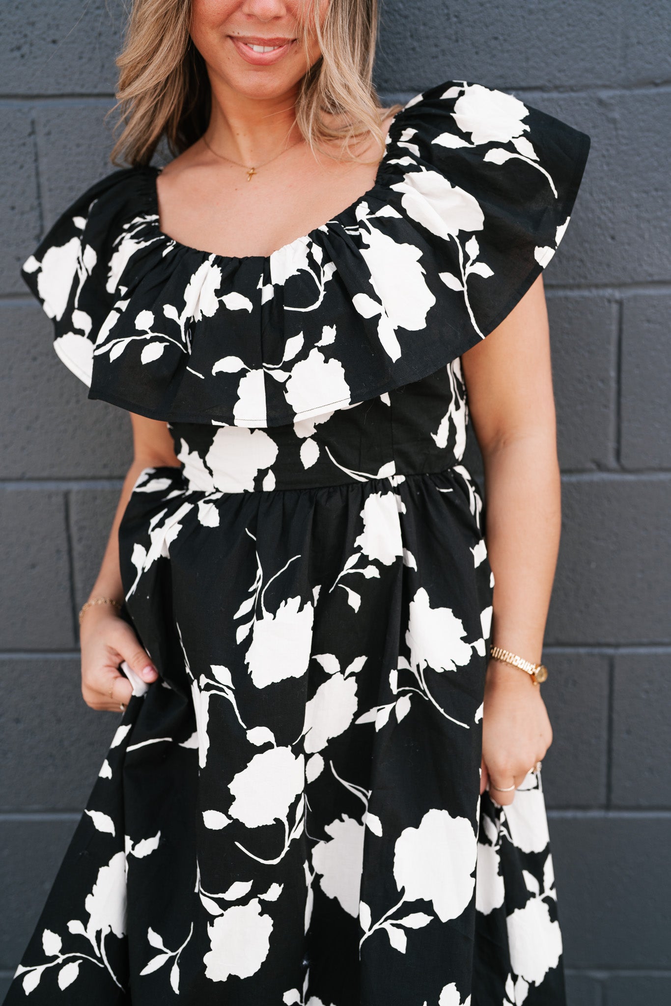 Midnight Blooms Floral Ruffled Midi Dress