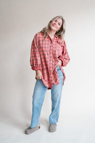 Everyday Plaid Button-Up Oversized Flannel - Coral Cream