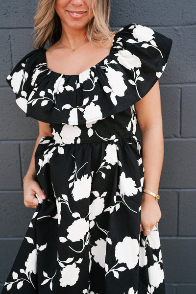 Midnight Blooms Floral Ruffled Midi Dress