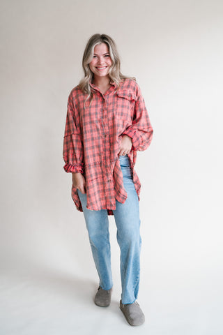 Everyday Plaid Button-Up Oversized Flannel - Coral Cream