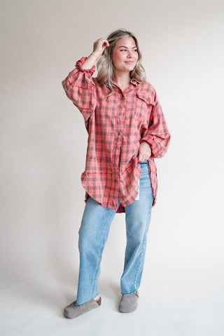 Everyday Plaid Button-Up Oversized Flannel - Coral Cream