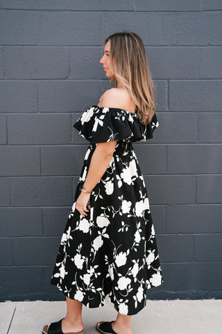 Midnight Blooms Floral Ruffled Midi Dress
