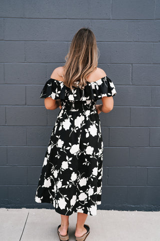 Midnight Blooms Floral Ruffled Midi Dress
