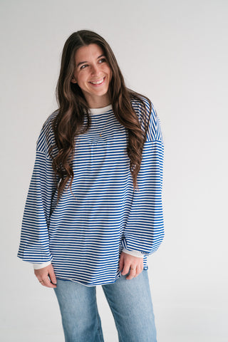 Fine Line Relaxed Striped Everyday Top - Royal Blue