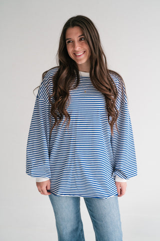 Fine Line Relaxed Striped Everyday Top - Royal Blue