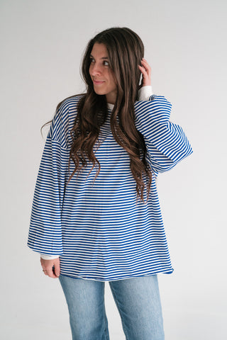 Fine Line Relaxed Striped Everyday Top - Royal Blue