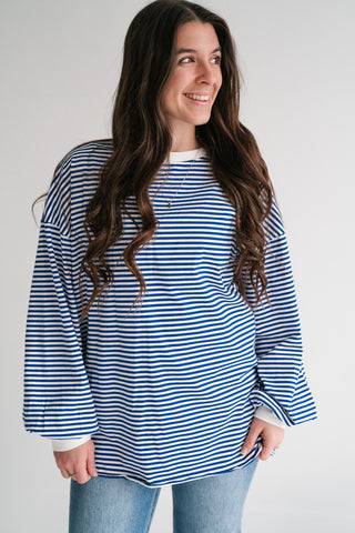 Fine Line Relaxed Striped Everyday Top - Royal Blue