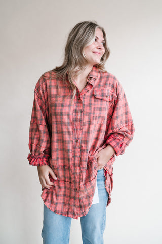 Everyday Plaid Button-Up Oversized Flannel - Coral Cream
