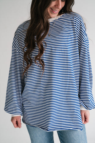 Fine Line Relaxed Striped Everyday Top - Royal Blue