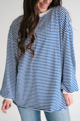 Fine Line Relaxed Striped Everyday Top - Royal Blue