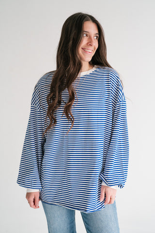 Fine Line Relaxed Striped Everyday Top - Royal Blue