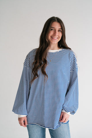 Fine Line Relaxed Striped Everyday Top - Royal Blue