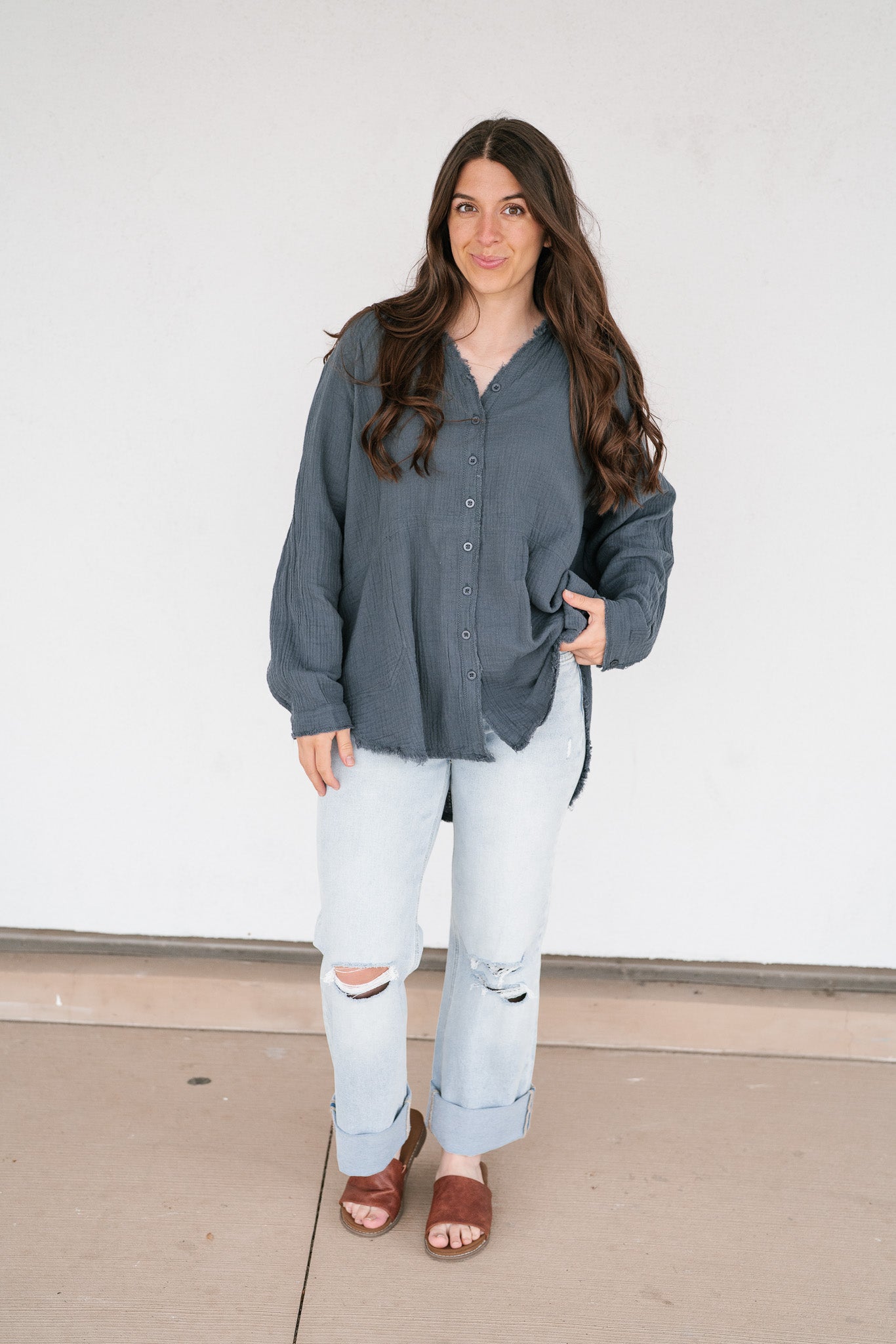 DOORBUSTER: Easy Days Button-Up Top - Dusty Navy