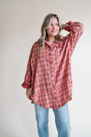 Everyday Plaid Button-Up Oversized Flannel - Coral Cream
