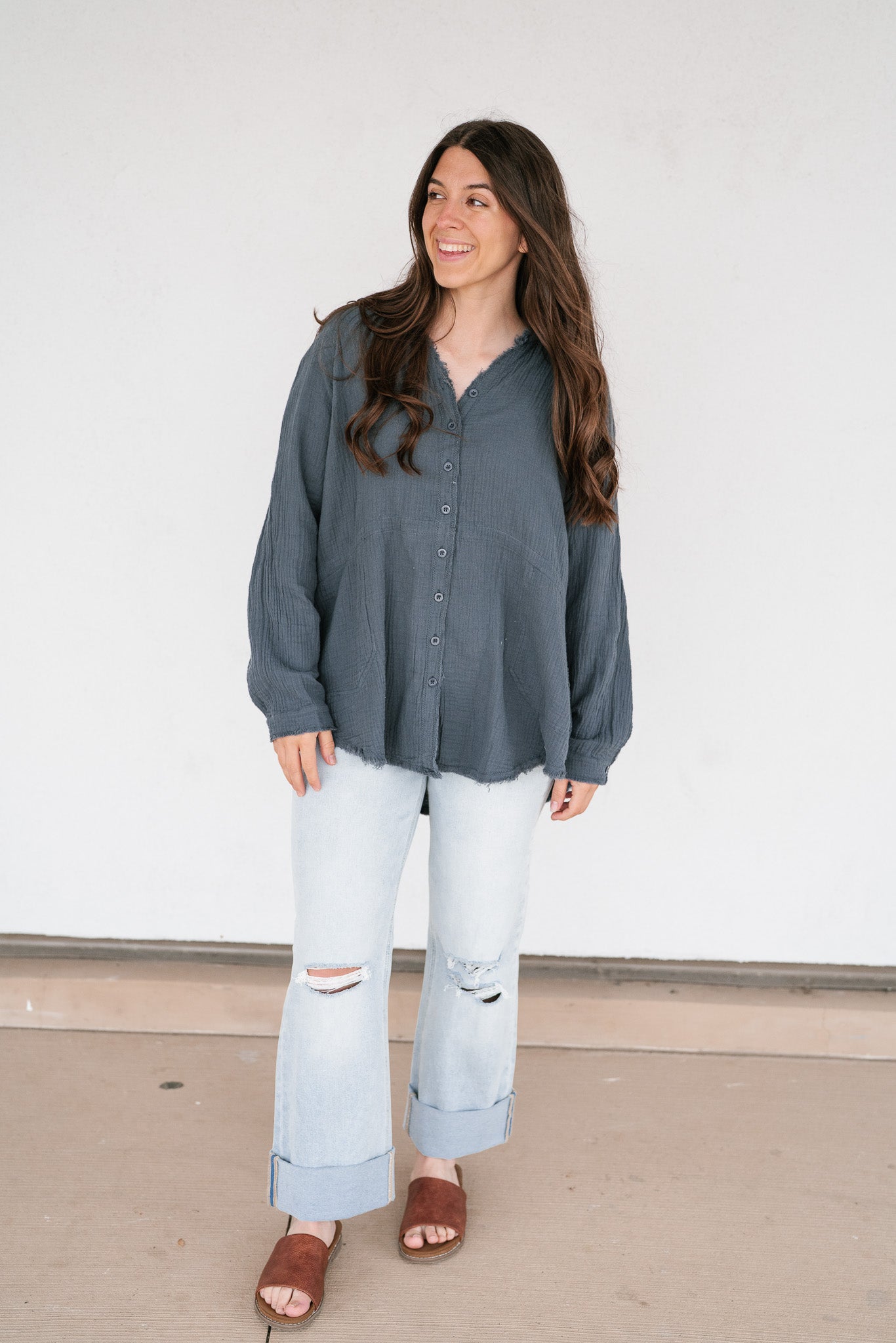 DOORBUSTER: Easy Days Button-Up Top - Dusty Navy