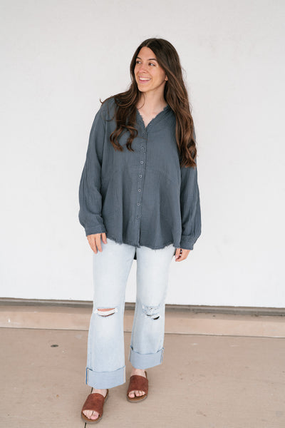 DOORBUSTER: Easy Days Button-Up Top - Dusty Navy