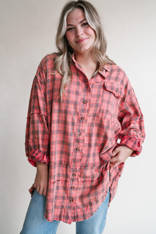 Everyday Plaid Button-Up Oversized Flannel - Coral Cream