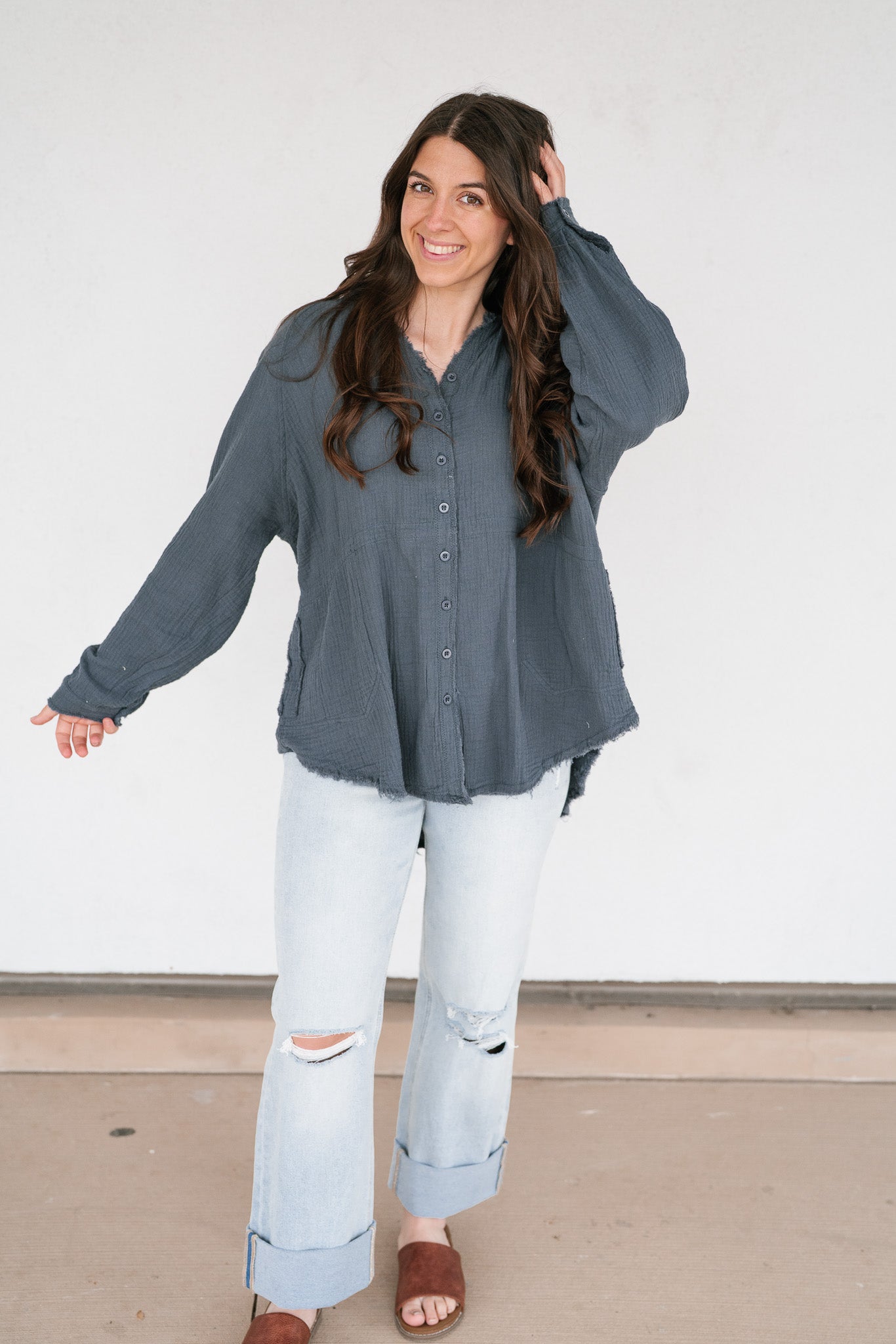 DOORBUSTER: Easy Days Button-Up Top - Dusty Navy