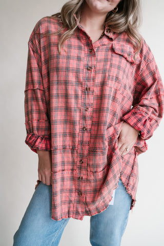 Everyday Plaid Button-Up Oversized Flannel - Coral Cream