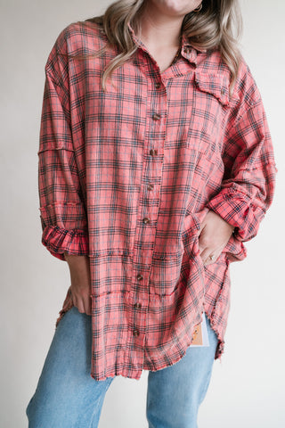 Everyday Plaid Button-Up Oversized Flannel - Coral Cream