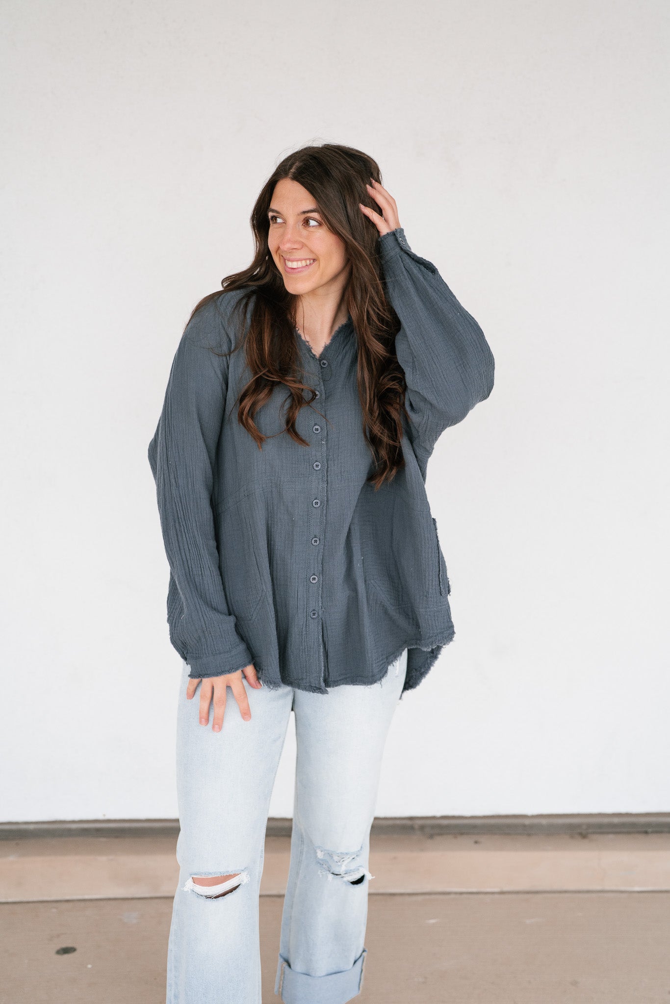DOORBUSTER: Easy Days Button-Up Top - Dusty Navy