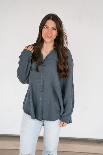DOORBUSTER: Easy Days Button-Up Top - Dusty Navy