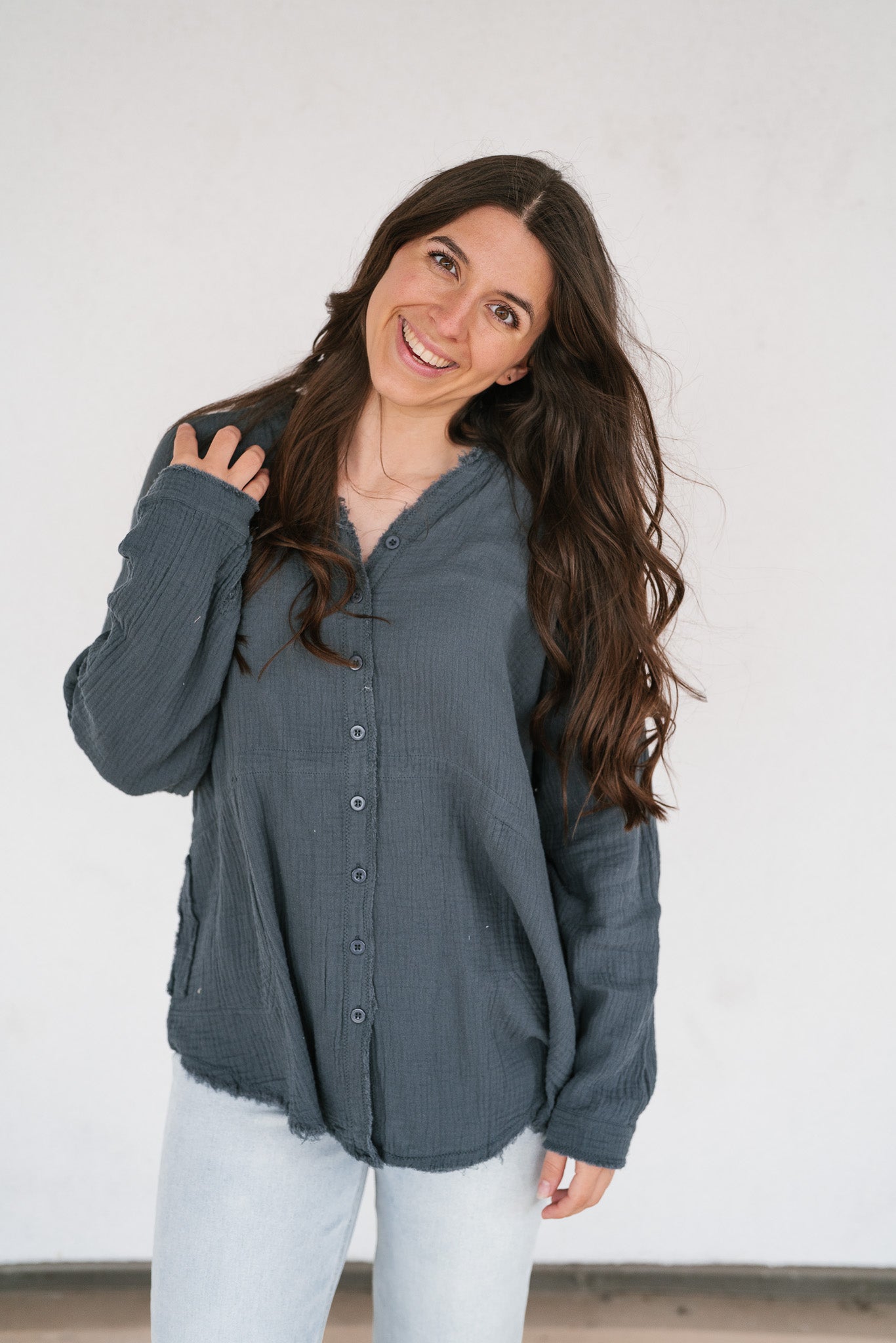 DOORBUSTER: Easy Days Button-Up Top - Dusty Navy
