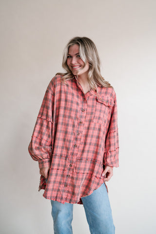 Everyday Plaid Button-Up Oversized Flannel - Coral Cream