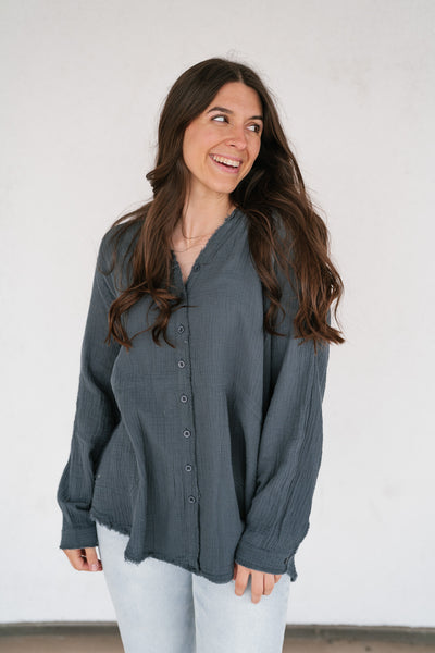 DOORBUSTER: Easy Days Button-Up Top - Dusty Navy