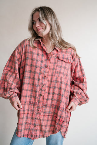 Everyday Plaid Button-Up Oversized Flannel - Coral Cream