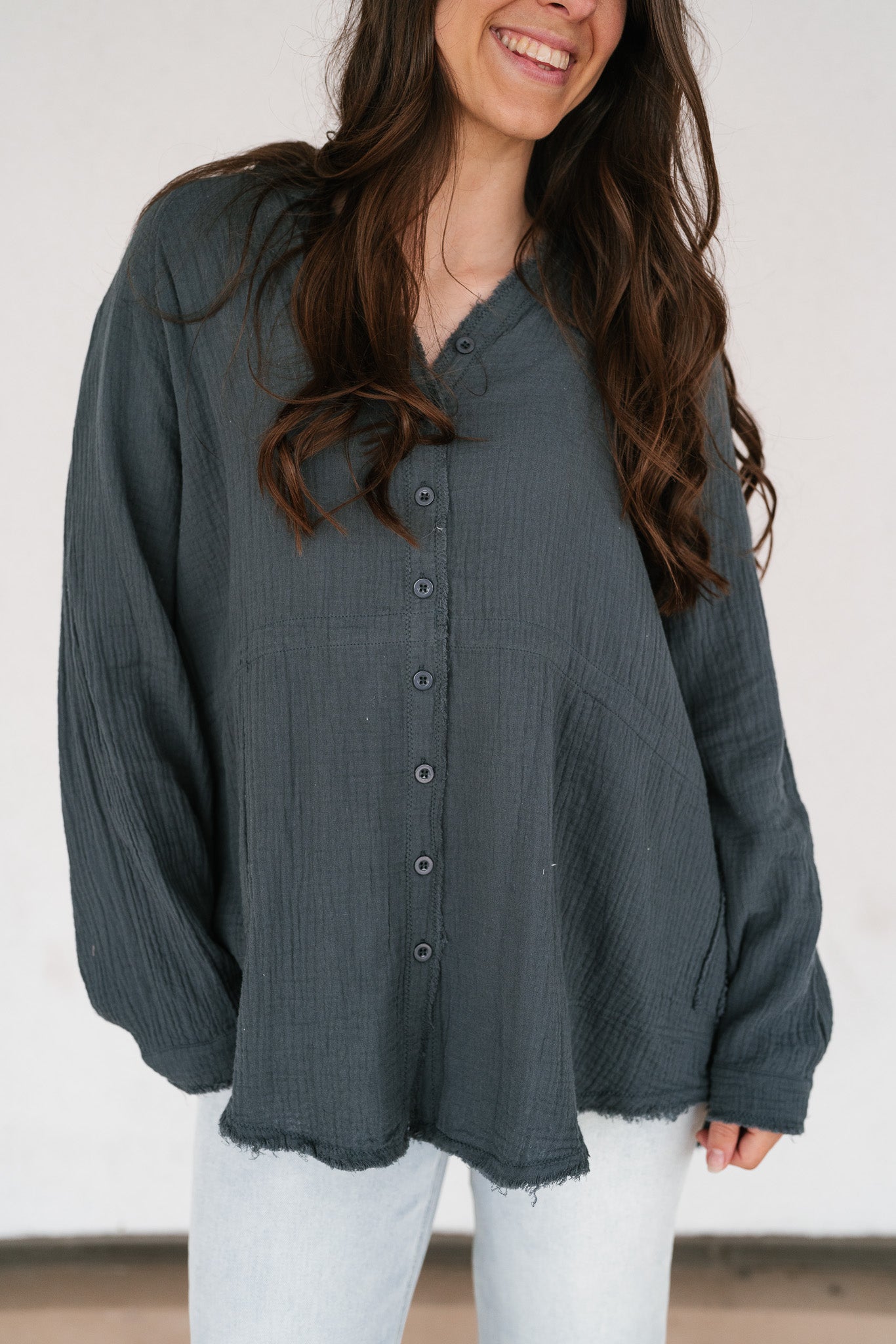 DOORBUSTER: Easy Days Button-Up Top - Dusty Navy