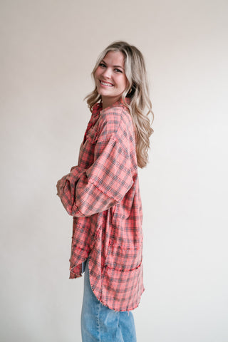 Everyday Plaid Button-Up Oversized Flannel - Coral Cream