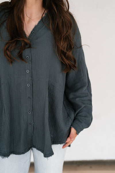 DOORBUSTER: Easy Days Button-Up Top - Dusty Navy