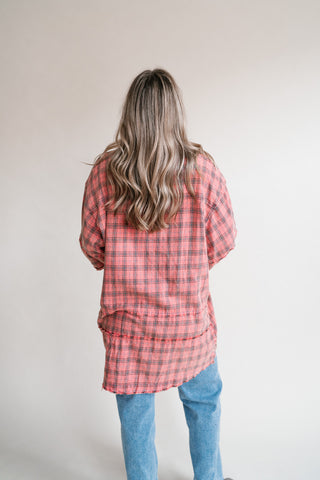 Everyday Plaid Button-Up Oversized Flannel - Coral Cream