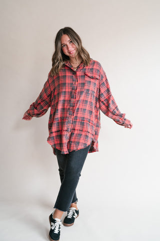 Everyday Plaid Button-Up Oversized Flannel - Faded Red