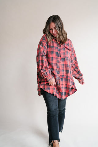Everyday Plaid Button-Up Oversized Flannel - Faded Red